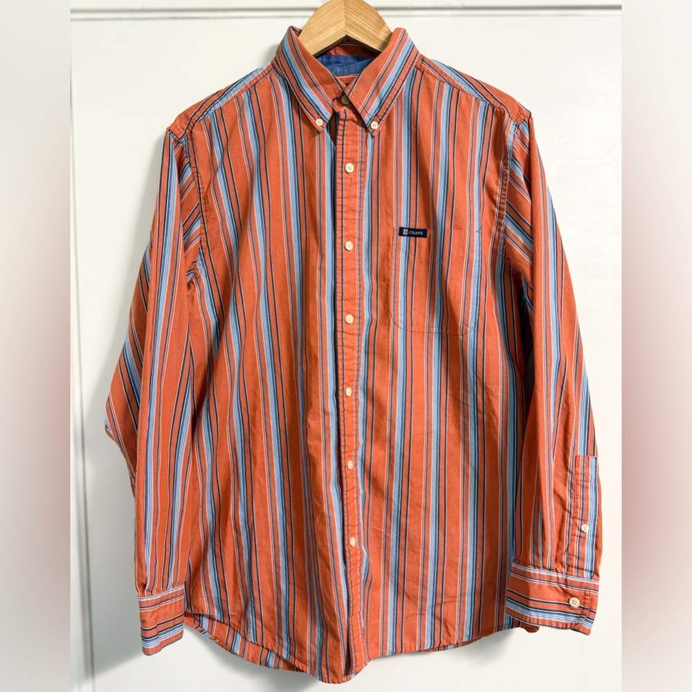 Chaps Men’s L Orange Blue Striped Button Down Shirt Cotton Blend